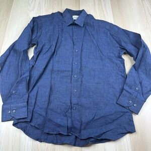 Orchidea Mens Blue Made In Italy Slim Fit Puro Lino Button Up Shirts Size Large
